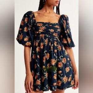 Abercrombie & Fitch Linen-Blend Navy Floral Puff Sleeve Mini Dress Size S